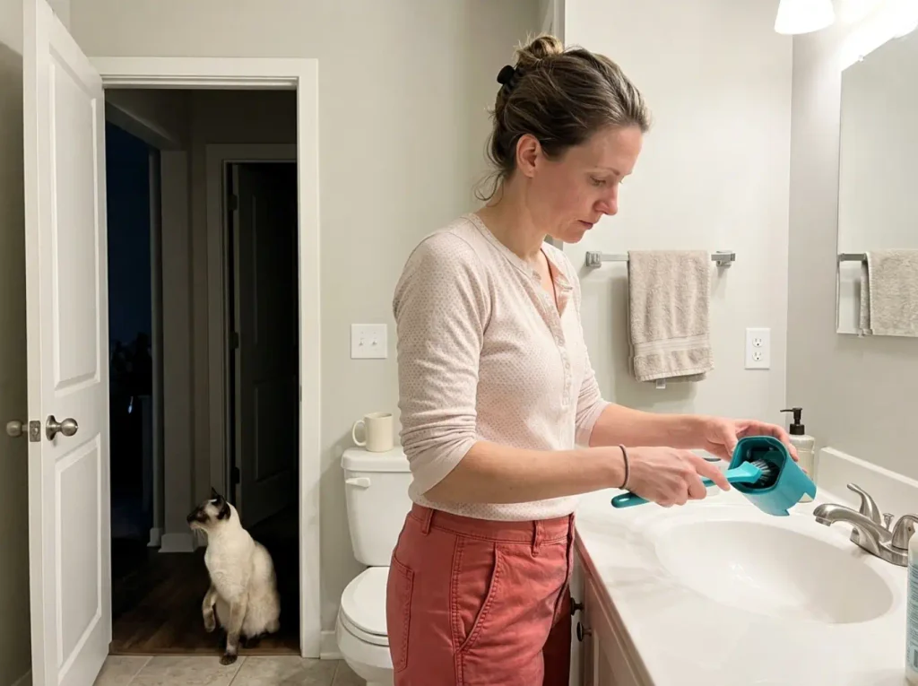Woman scrubbing a cat fountain pump housing with a small crevice brush at a bathroom sink
