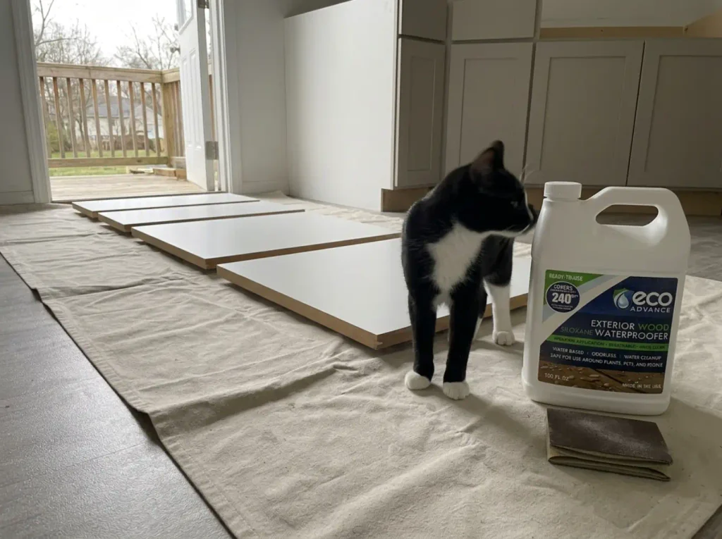 Flat-packed enclosure panels laid out on a drop sheet with a jug of wood waterproofer beside the cut edges