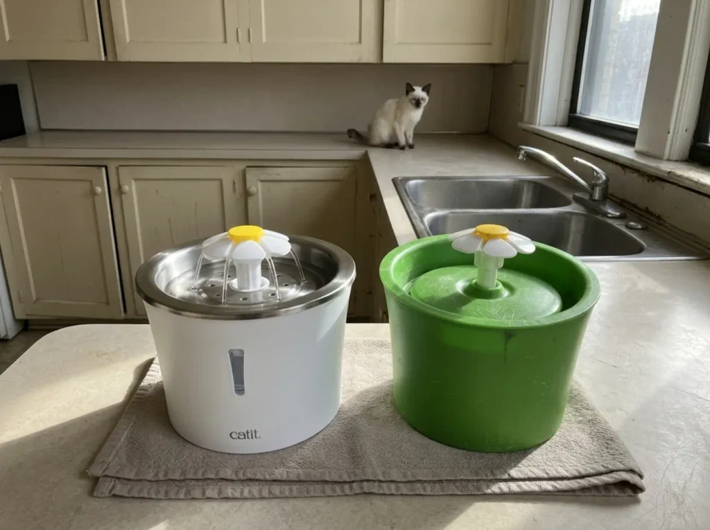 Stainless steel Catit flower fountain on a kitchen counter beside its plastic version