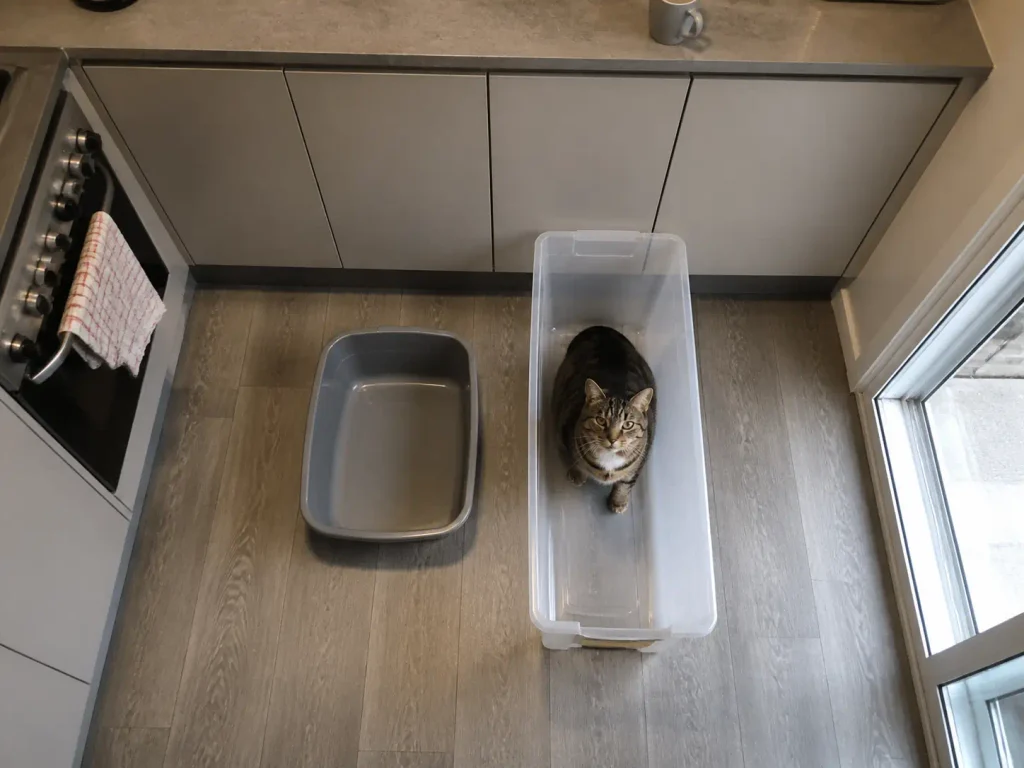 Two litter boxes side by side on a kitchen floor showing the size difference next to a tabby cat