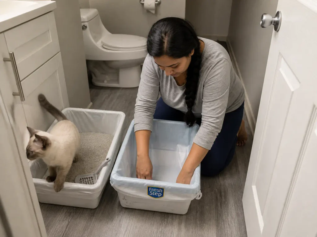 Two litter boxes side by side in a small rental bathroom, one being fitted with an unscented liner