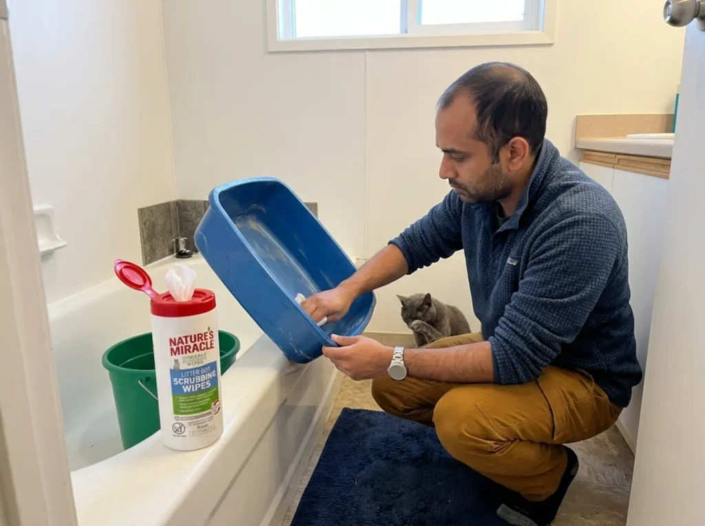 Litter box propped in a bathtub with a bucket and enzymatic wipes, the apartment method with no hose