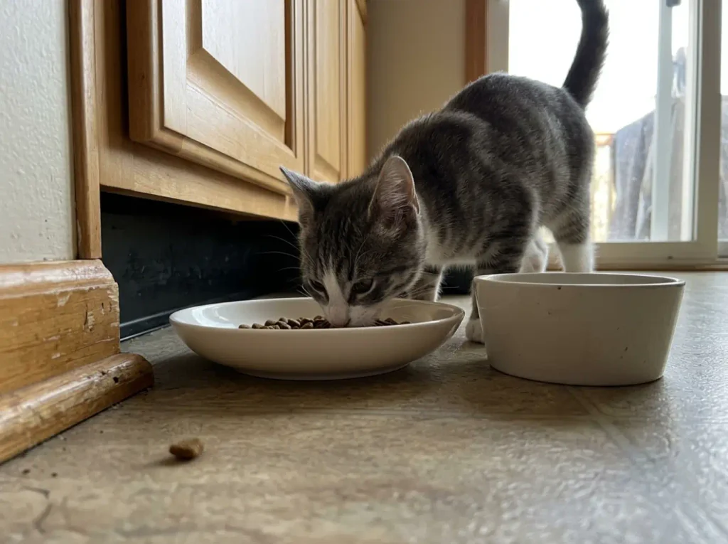 Wide shallow ceramic cat bowl beside a deep narrow one on a kitchen floor at cat height