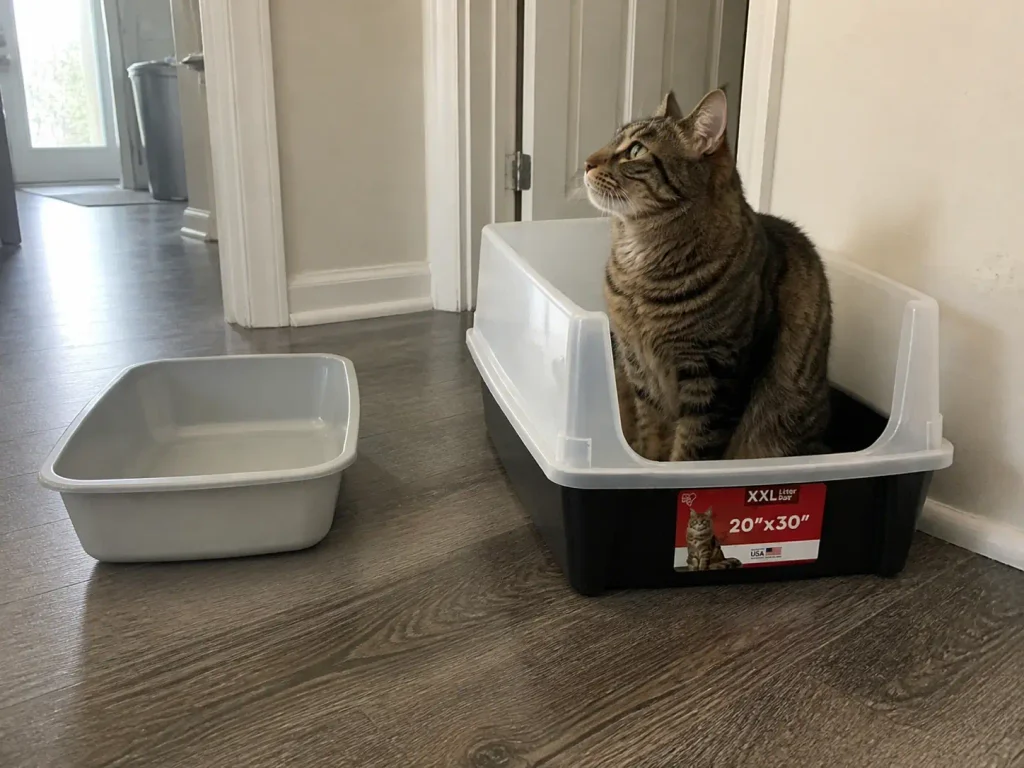 Large Maine Coon type cat sitting in an extra-large litter box beside a smaller one for size comparison