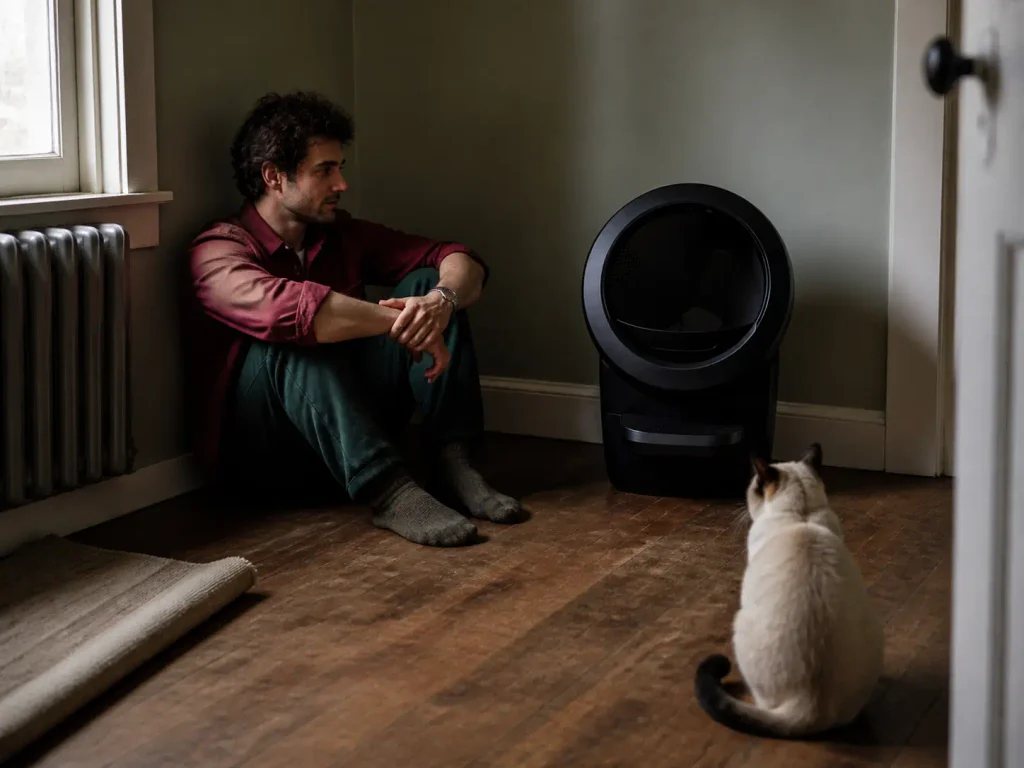 Rolling sifting litter box in a narrow hallway with its waste tray pulled out