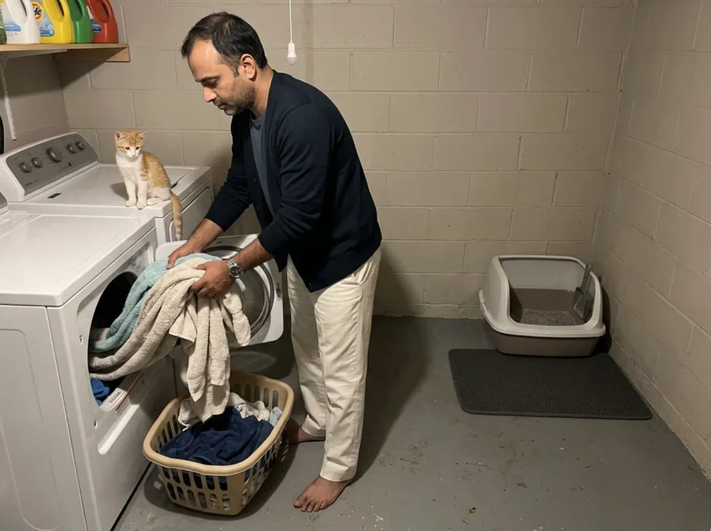 Man loading the dryer in a basement laundry area with the litter box and scoop visible a few feet away
