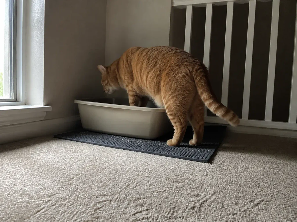 Ginger cat with his back paws on the floor outside a litter box that is too short for him