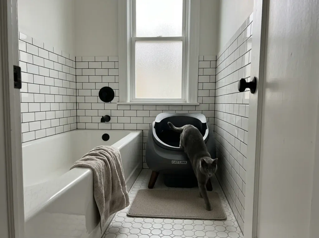 An open-top budget automatic litter box beside a bathtub in a renovated older bathroom