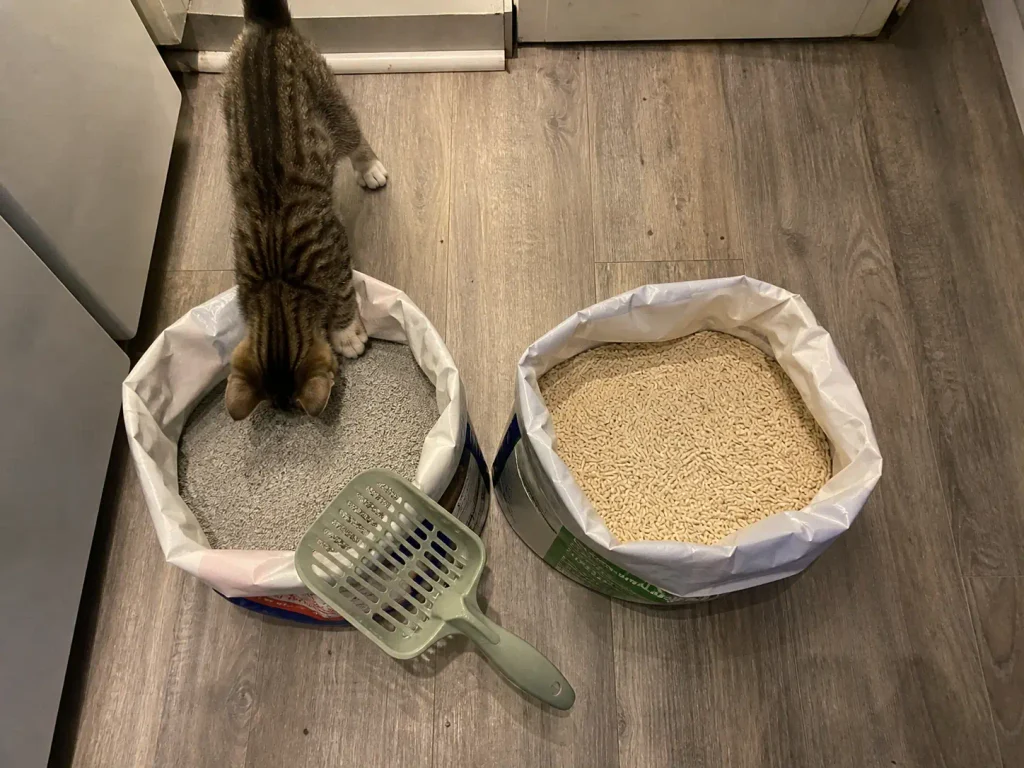 Two open bags of cat litter on a kitchen floor, clumping clay beside tofu pellets