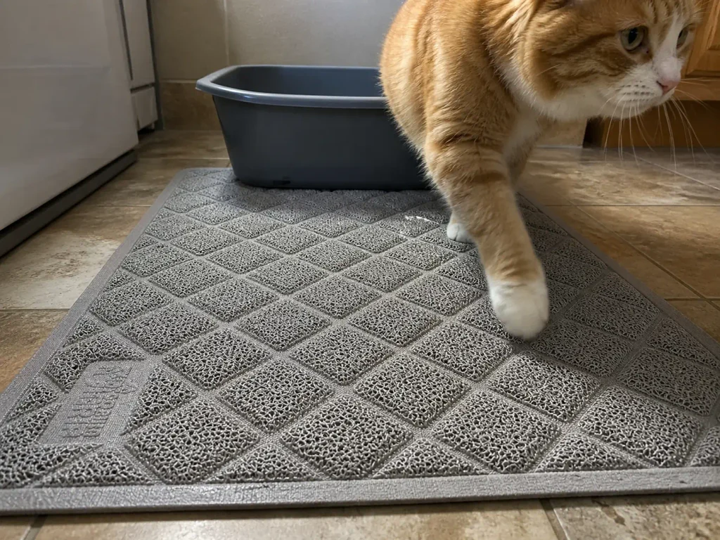 A cat stepping off a coiled mesh litter mat with granules caught in the loops