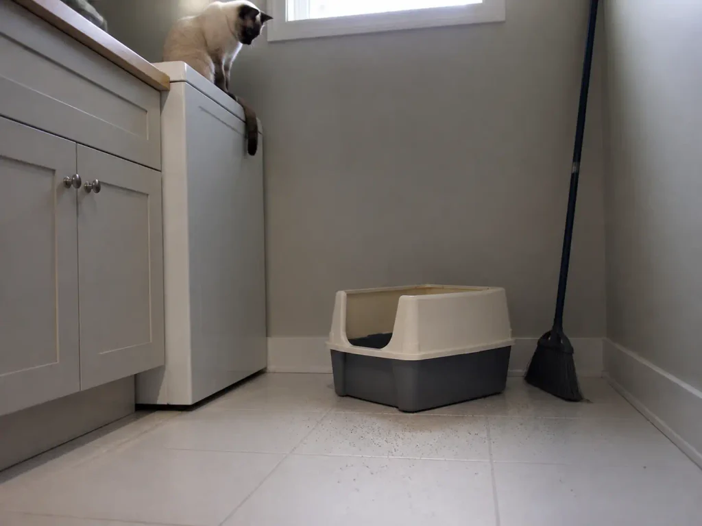 High-sided open litter box in a laundry nook with scattered litter on the floor around it