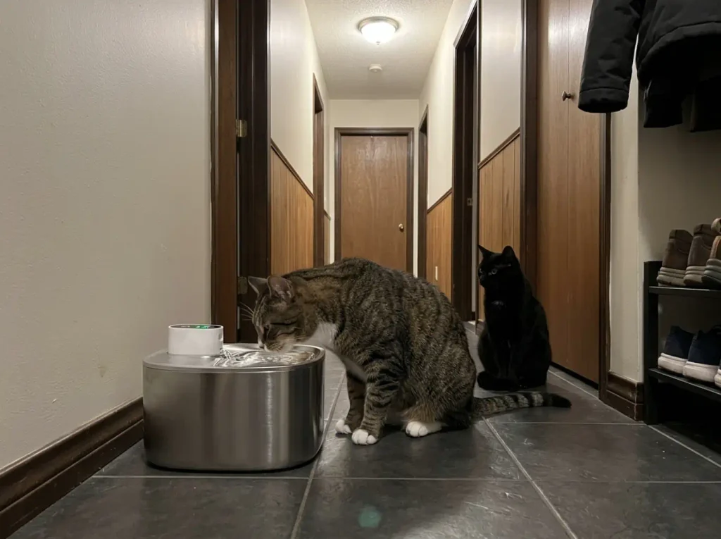 Large stainless steel cat fountain in a hallway with two cats nearby, placed away from the bedroom door