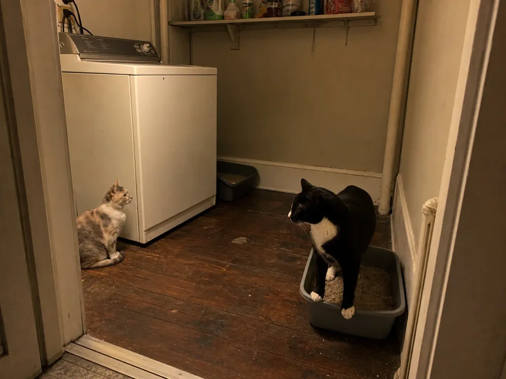 Two litter boxes set apart in a utility corner beside a washing machine with two cats nearby