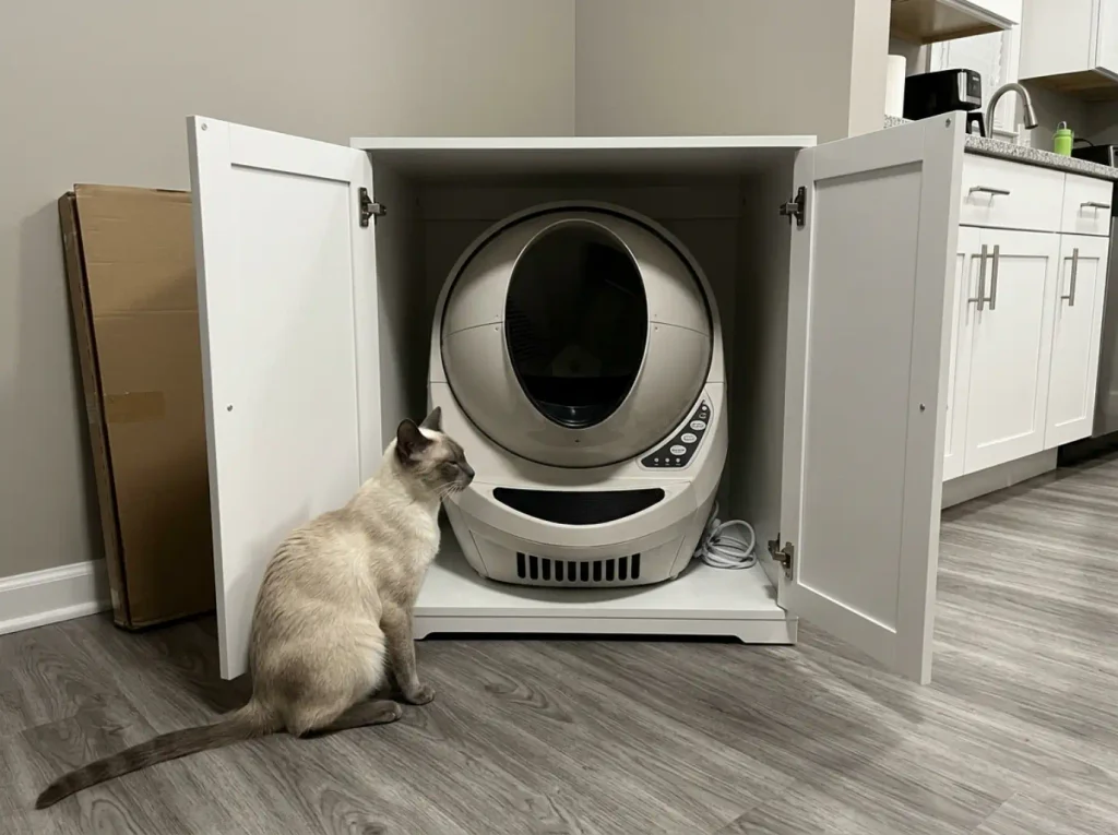Two cats waiting at a wide litter box cabinet with sisal doors, one inside and one queueing outside