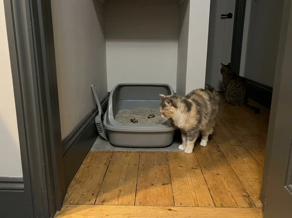 An open litter box seen from a doorway three steps away with a tabby cat pausing beside it