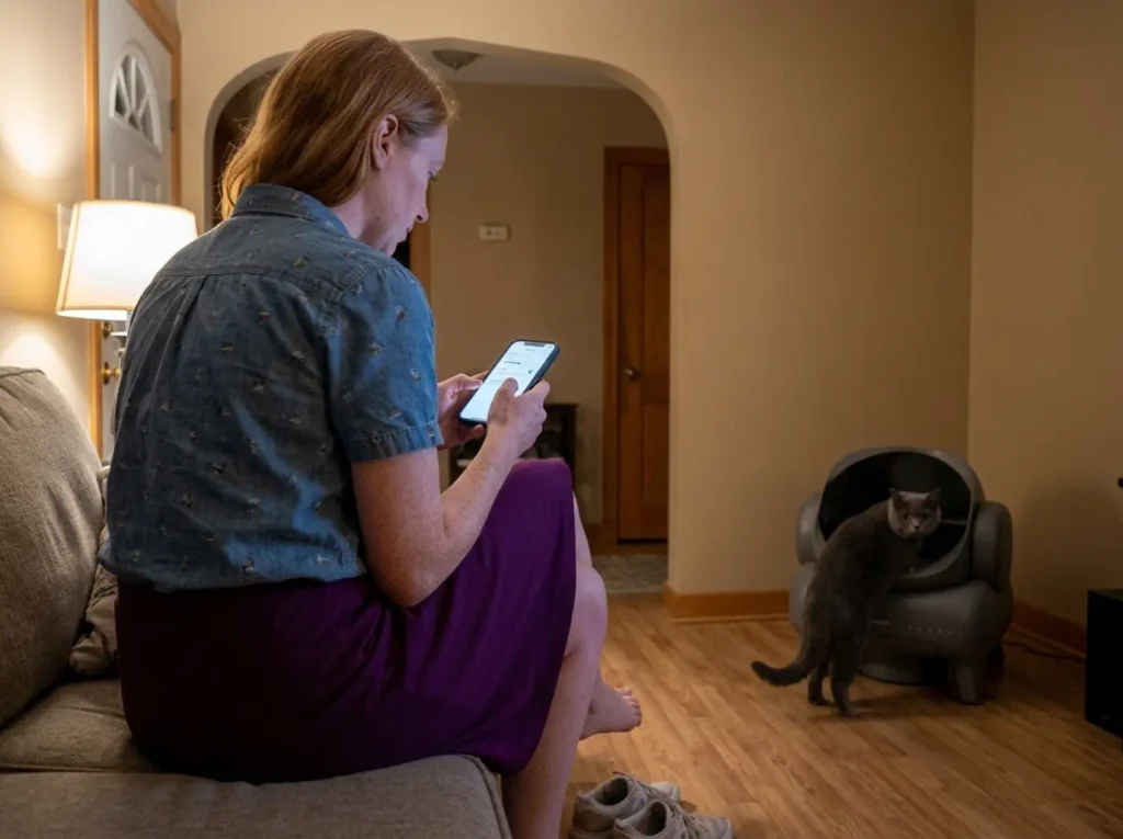 Woman setting the cycle delay on a litter box app from the sofa at night
