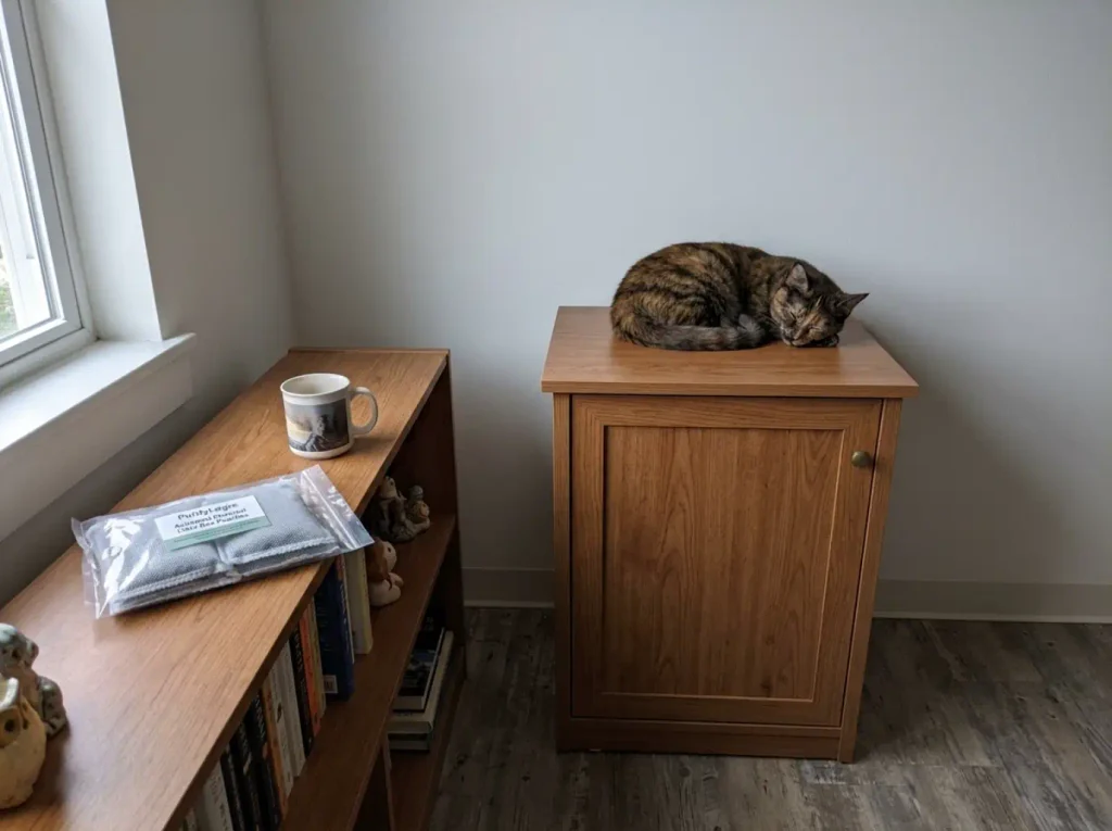 Litter box cabinet sitting level with the other furniture in a rental living room, cat asleep on top
