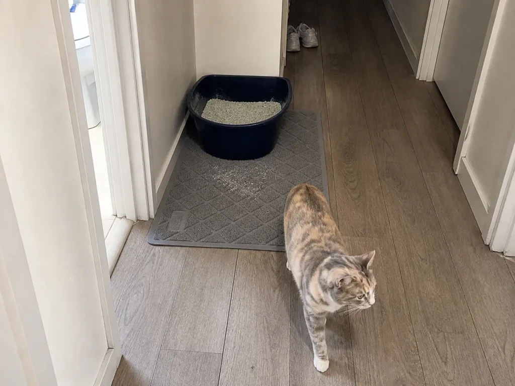 Litter box moved to an open hallway spot with a large litter mat in front of it
