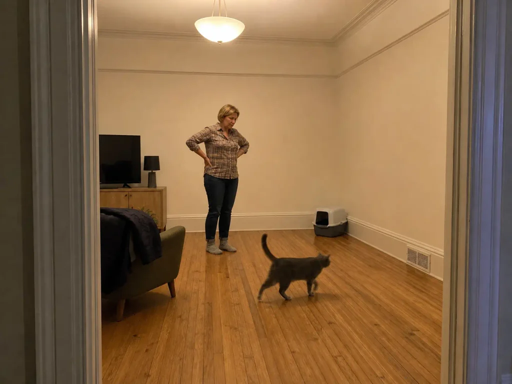 Litter box moved away from a wall air return vent in a renovated living room corner