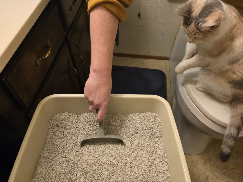 Scoop held upright in a litter box showing how deep the litter has been filled