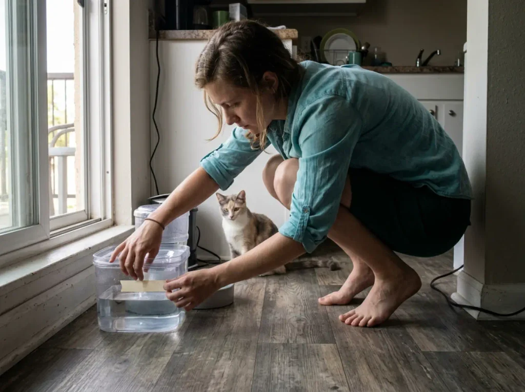 Hand marking the water level on a cat fountain reservoir with a strip of tape to measure intake