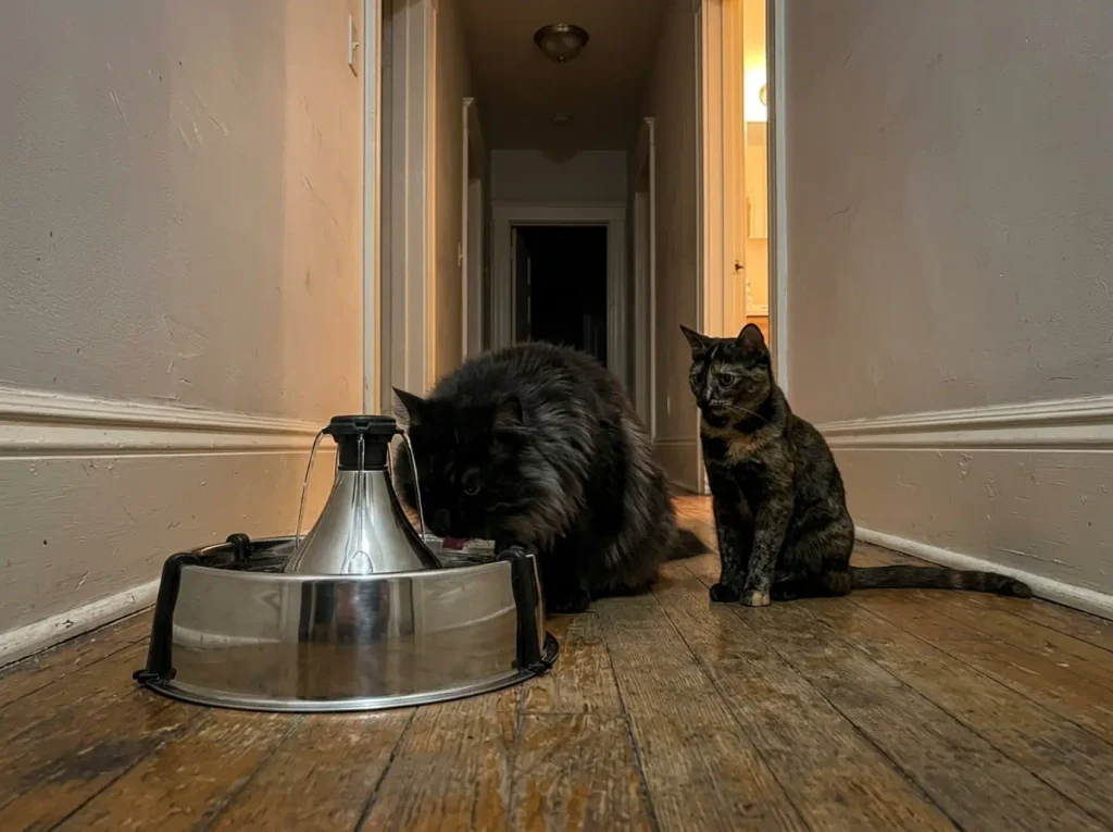 Large PetSafe multi-pet water fountain in a hallway with two cats drinking together
