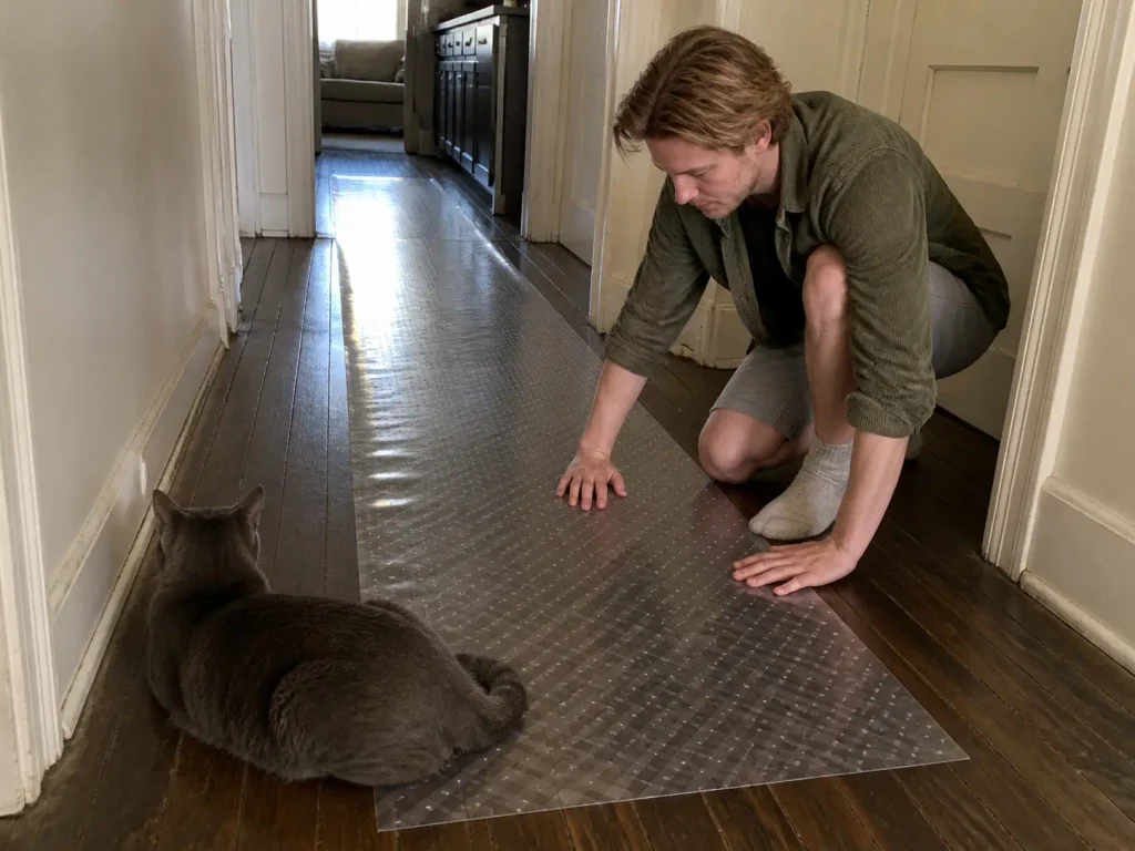 Clear vinyl hallway runner laid down a narrow apartment corridor beyond the litter mat