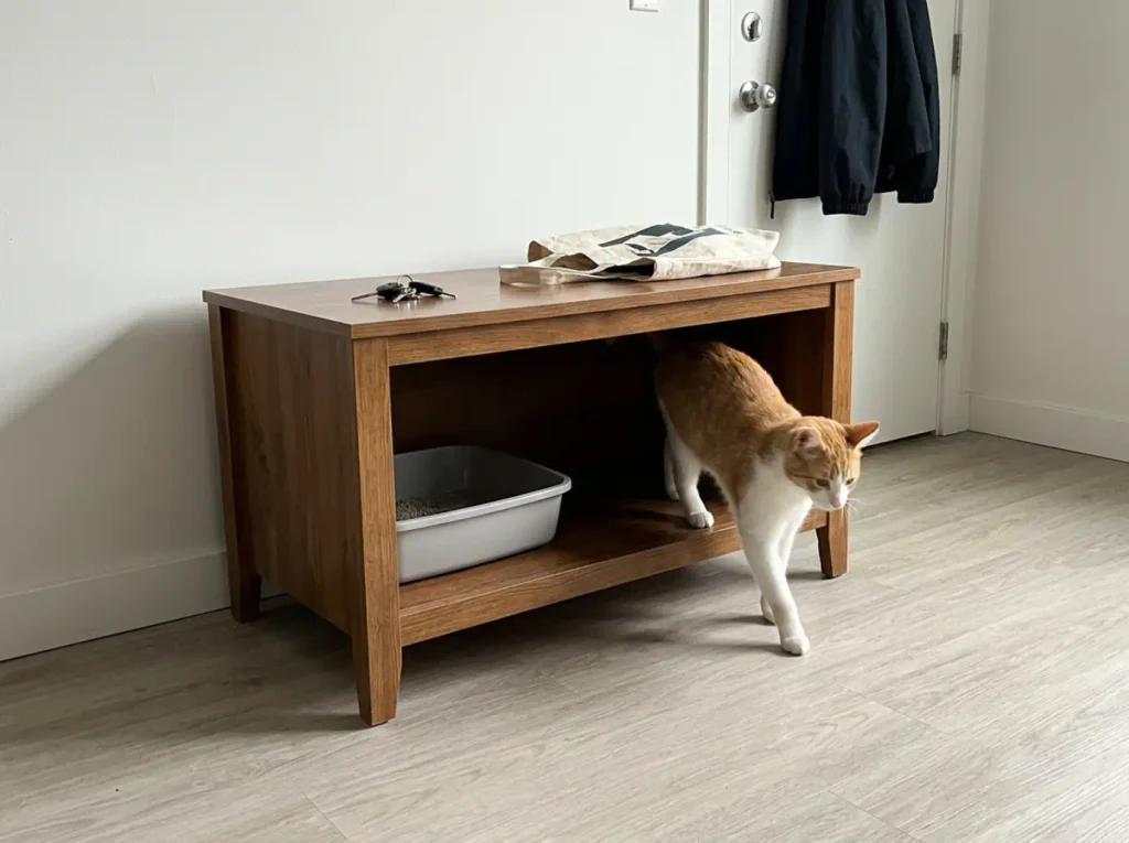 Secondhand low console table repurposed to hide a litter box in a rented studio