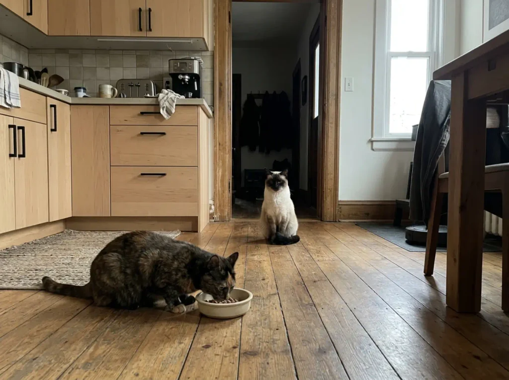 One cat eating in an open spot while a second cat sits in the kitchen doorway watching