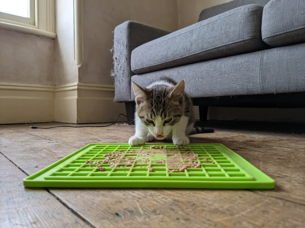 A cat working at a slow feeder lick mat on the floor beside a sofa