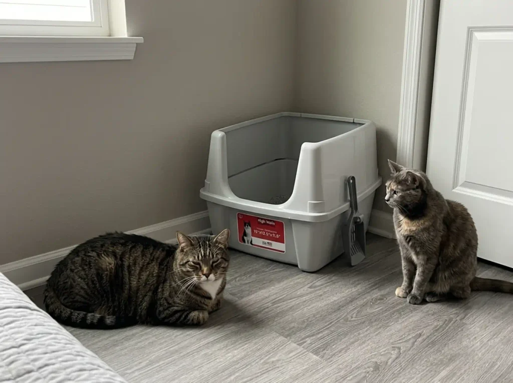 Two cats and a high-sided litter box in a small apartment bedroom corner, second box location