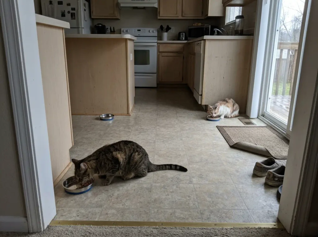 Two cats eating from separate steel bowls placed apart on a kitchen floor
