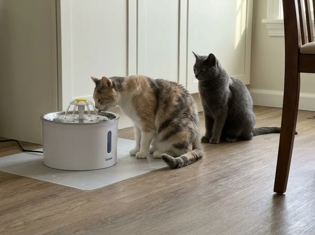 Two cats at a clean water fountain on a kitchen floor, one drinking and one waiting behind