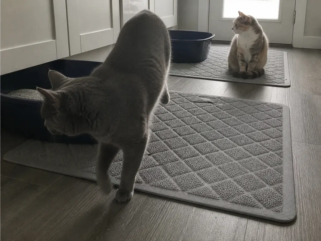 Two cats crossing separate coil litter mats under two litter boxes in a laundry room