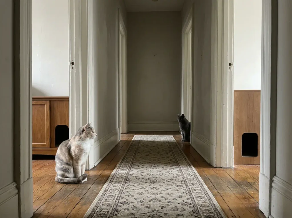Two litter box cabinets placed in separate rooms along a hallway, one cat sitting in the doorway of each
