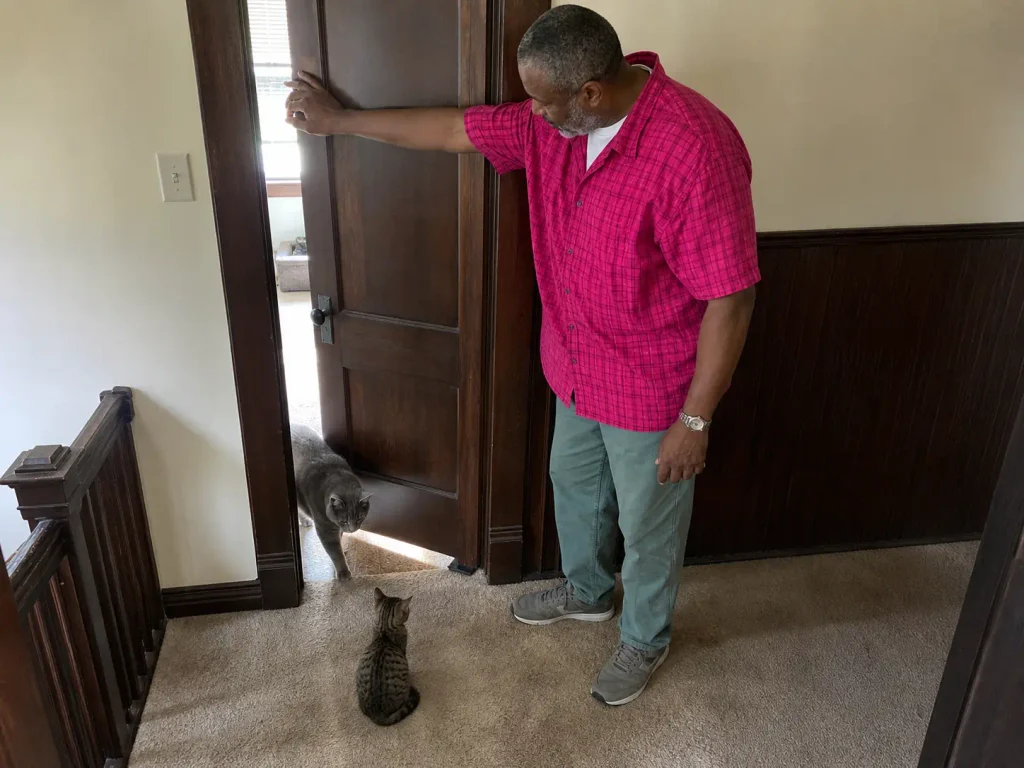 Adult cat walking through a bedroom door left ajar while a kitten sits on the landing outside