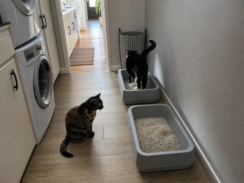 Two litter boxes side by side in a utility room, each holding a different stage of a litter transition