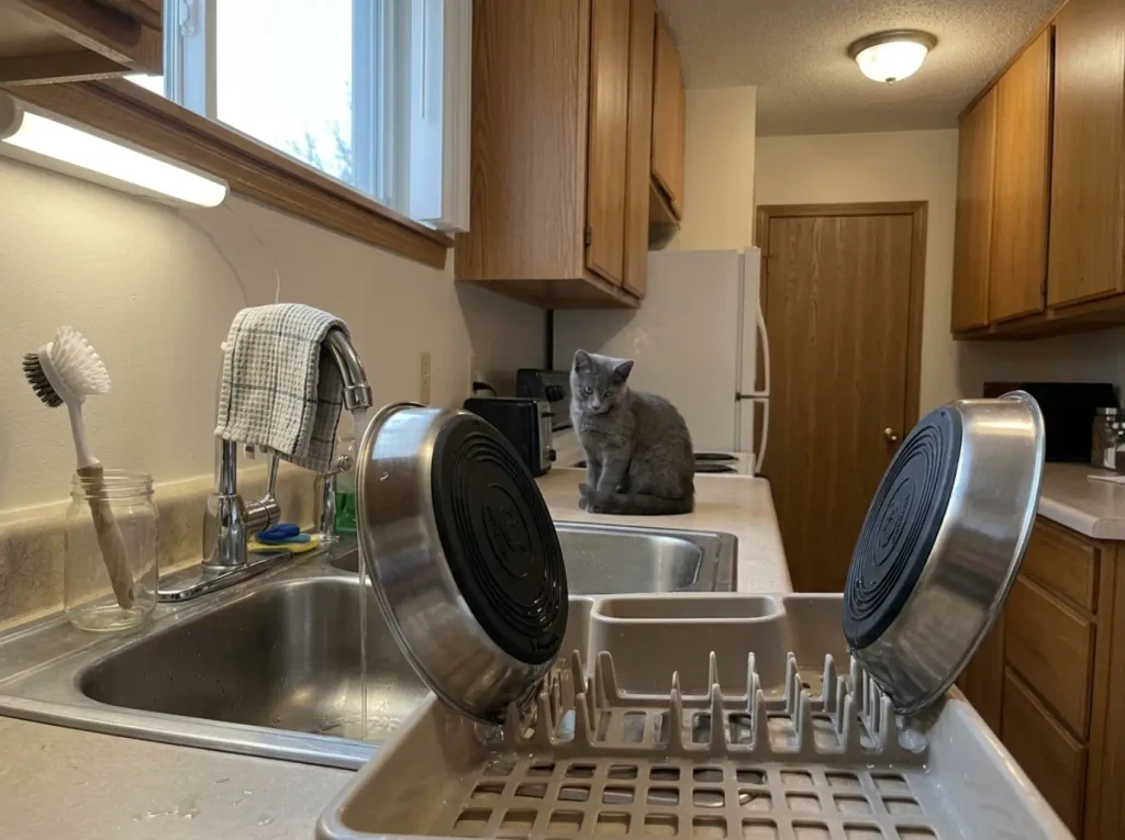 Two shallow stainless cat bowls on a draining rack, one clean and one waiting