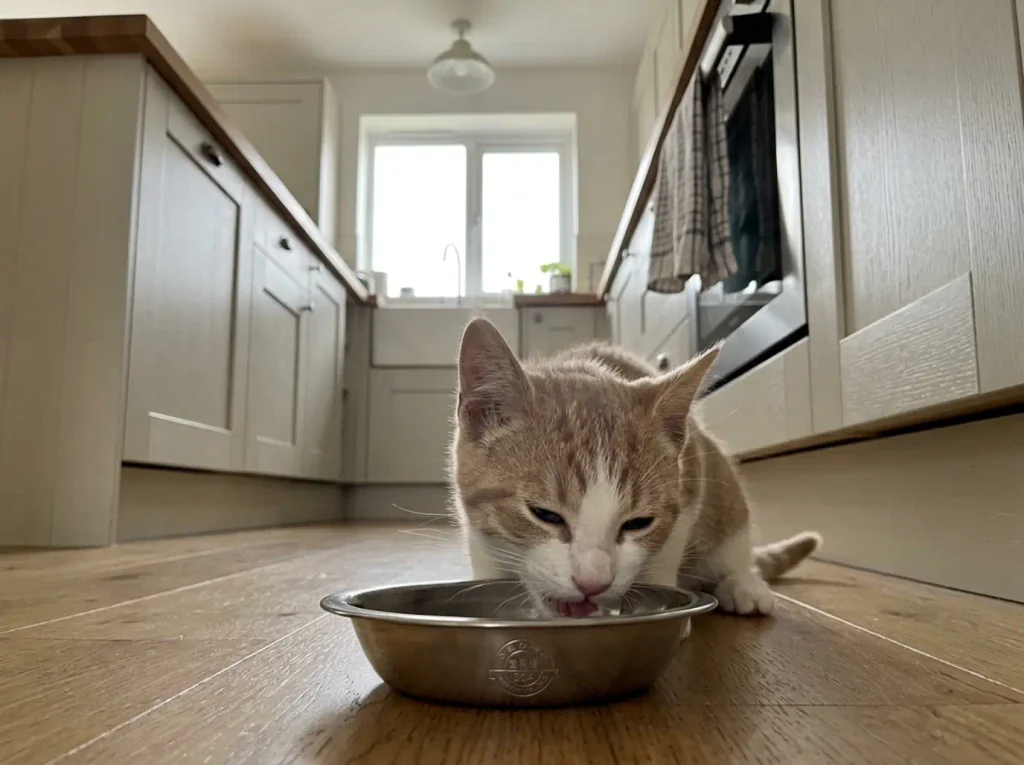 Cat eating from a wide shallow stainless steel bowl with whiskers clear of the rim