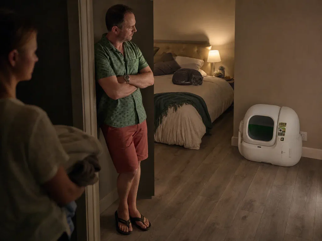 A man leaning in a bedroom doorway at night looking at an automatic litter box in the corner