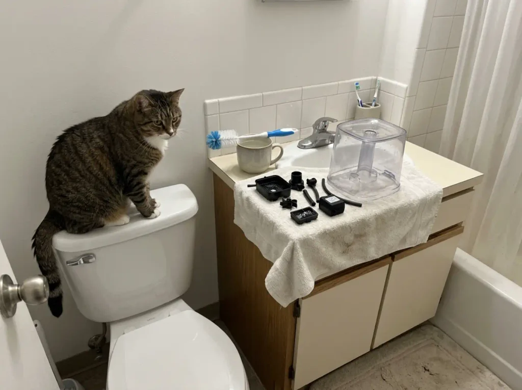 Cat fountain parts air-drying on a towel beside a small bathroom sink in a rental apartment