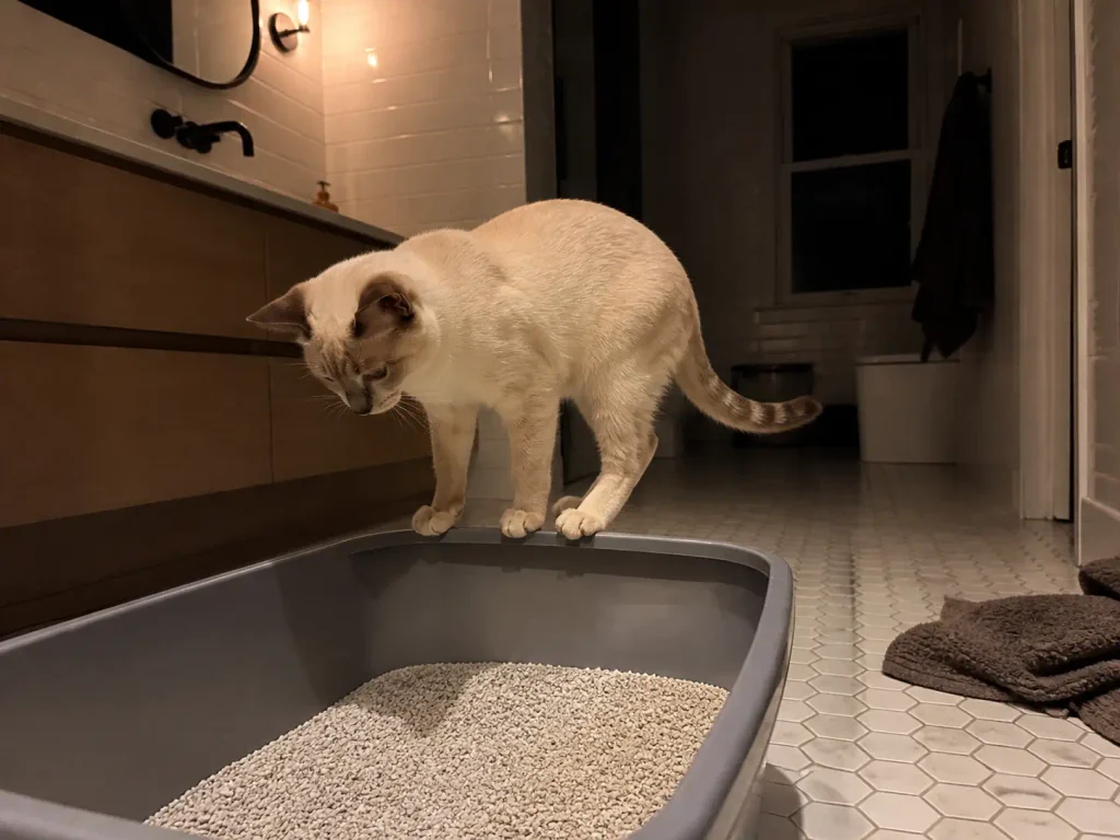 Cat standing on the rim of a litter box instead of stepping into the litter