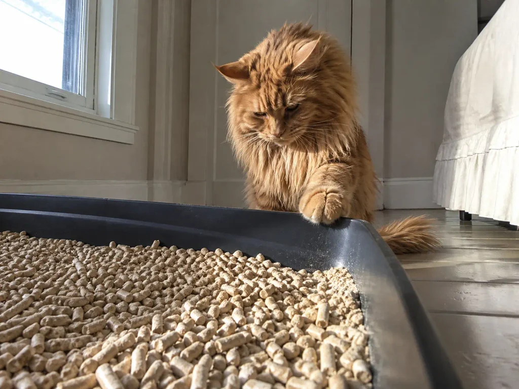 A cat pausing with one paw over the rim of a litter box filled with coarse pellets