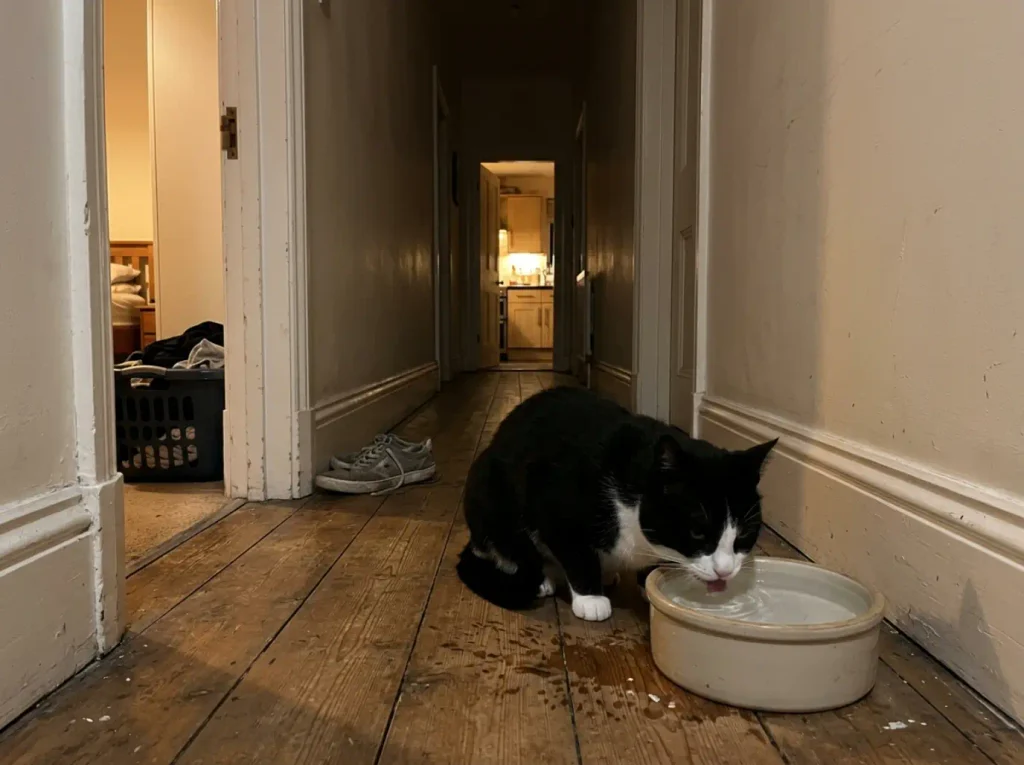 A cat drinking from a water bowl in a hallway, well away from the kitchen