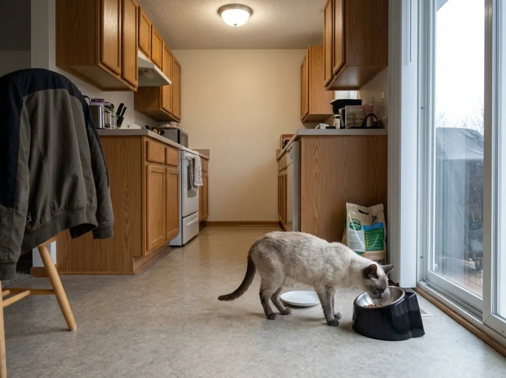 Older cat eating from a tilted stainless feeder on a weighted stand