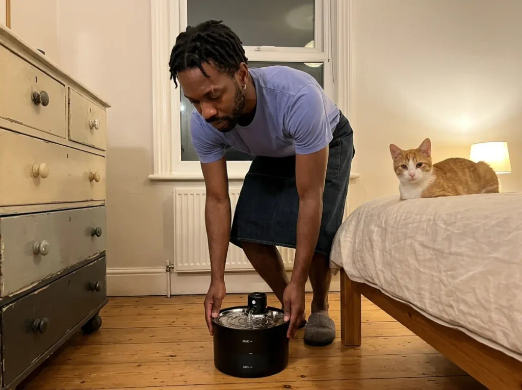 Cordless cat water fountain on a bedroom floor with no cable running to an outlet