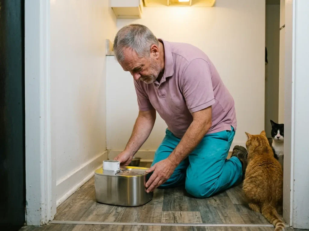 Two cats drinking from a large cordless steel water fountain in the corner of a small rental kitchen