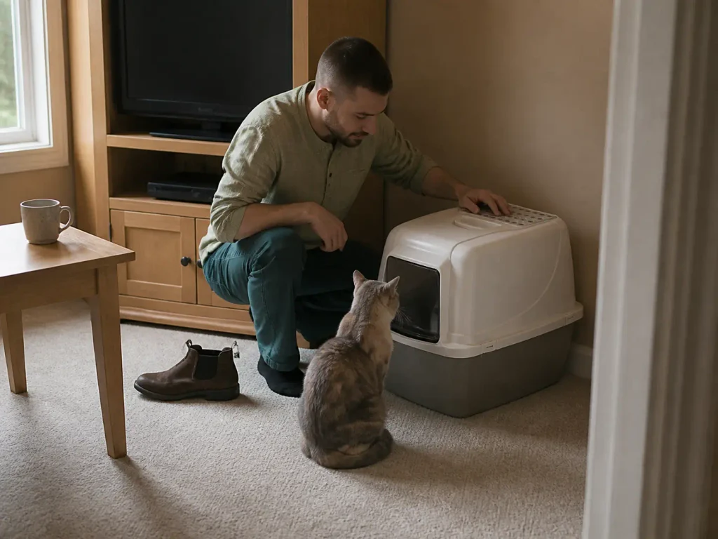 Covered litter box in a family room corner with a cat sitting outside the hooded entrance