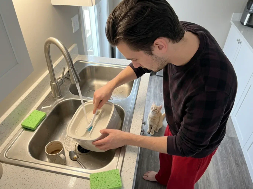 A narrow crevice brush being run through the channel of a cat fountain reservoir in a kitchen sink