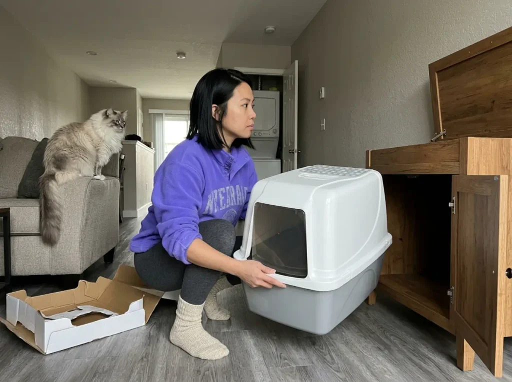 Extra large hooded litter pan held in both hands beside an open litter box cabinet